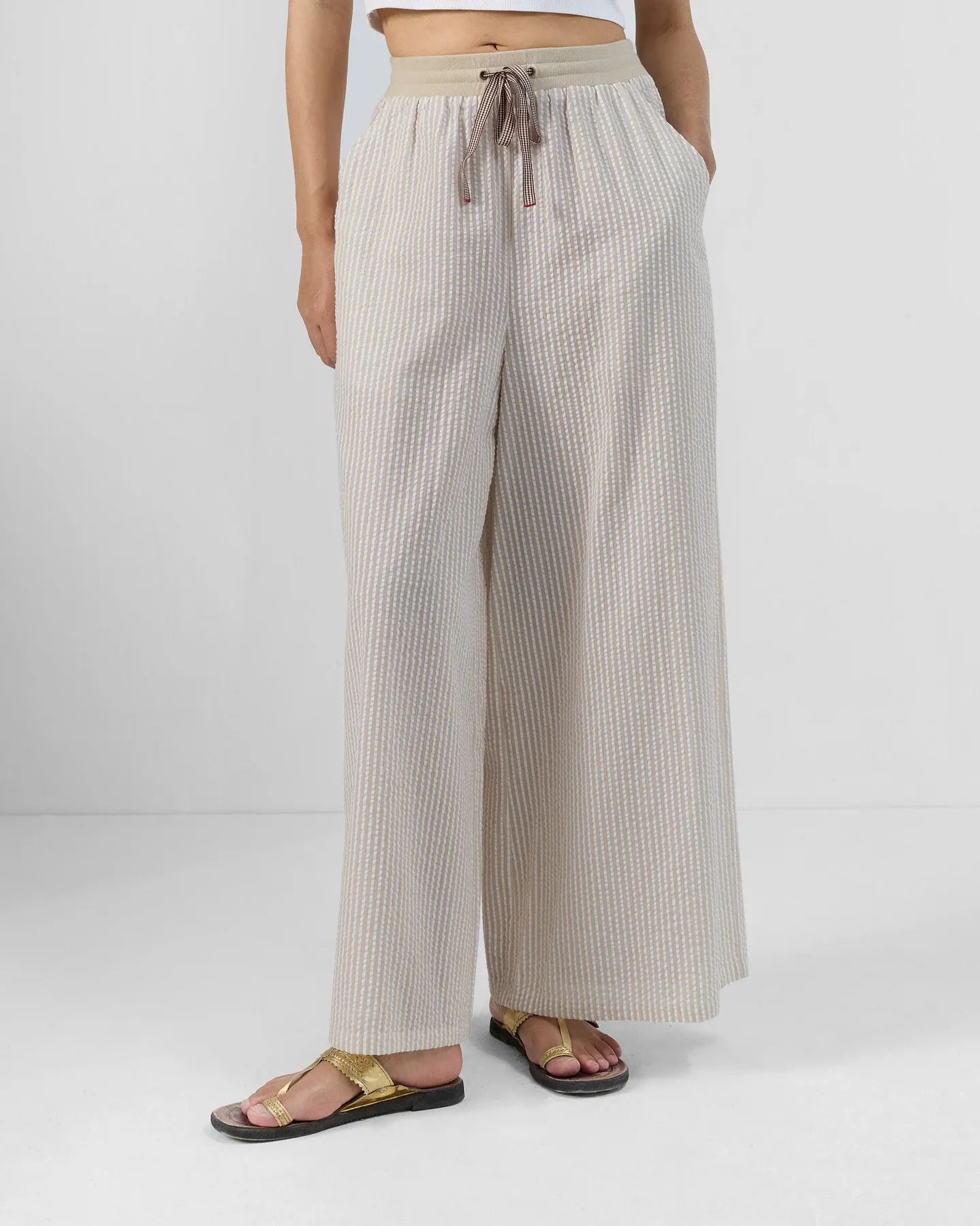 Flared Seersucker Trouser in Oat Stripe